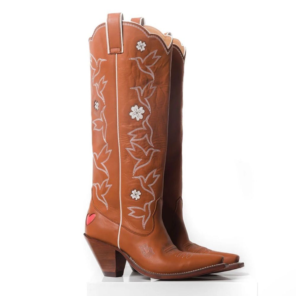 Besita Boots Honey Embroidered Western Boots Knee High Cowboy Brown White 7 NEW